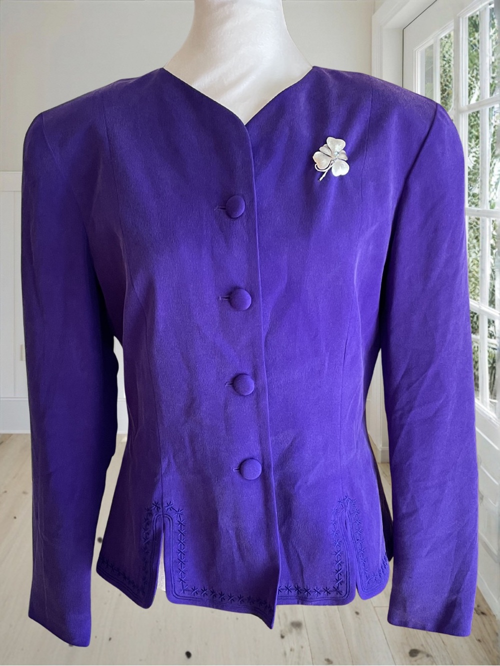 SHOMI Vintage Women's Purple 100% Silk Embroidered Blazer Jacket Sz 10 - Picture 2 of 16